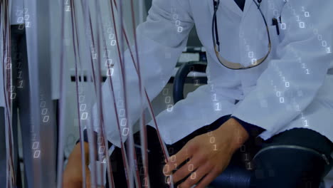 male researcher adjusting metal rods in clinical lab, with floating binary code animations