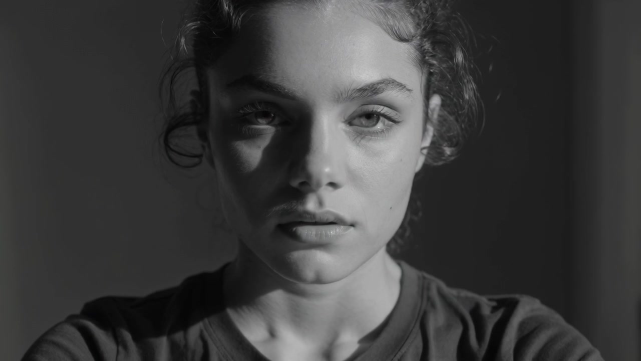 Ragazza adolescente ripresa, che mantiene lo sguardo per un ritratto, facendo espressioni facciali in studio, con una maglietta girocollo.