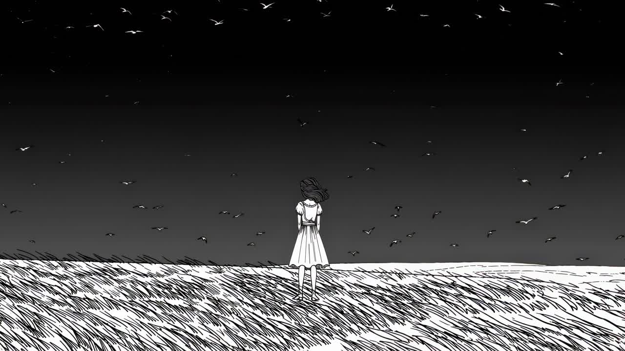Monochrome illustration depicting solitary female figure standing amid nocturnal landscape, gazing skyward while silhouetted birds traverse moonlit expanse, evoking contemplative mood