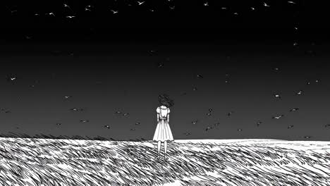 monochrome illustration depicting solitary female figure standing amid nocturnal landscape, gazing skyward while silhouetted birds traverse moonlit expanse, evoking contemplative mood
