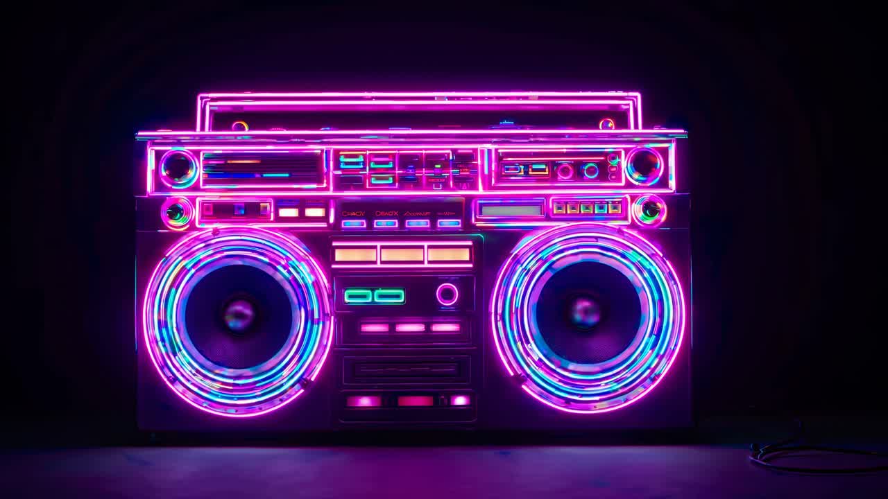 Neon boombox in vibrant colors, front angle. Retro video concept with glowing style. Live desktop
