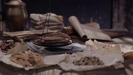 healthcare content, apocathery doctor working classification and preparation with herb and species mushroom anise turmeric in table for traditional medicine advertising