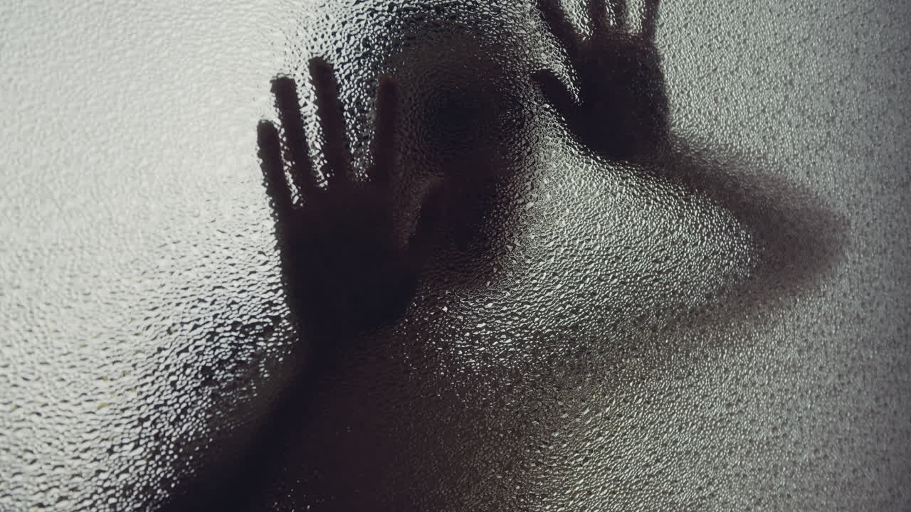 A female silhouette behind the frosted glass moves slowly