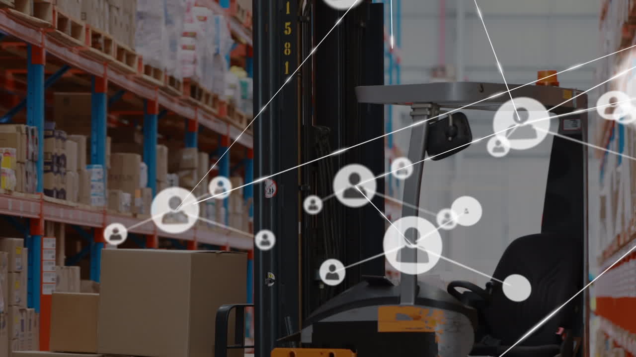 animación de la red de conexiones sobre el camión de torreta en el almacén