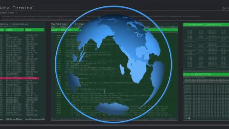 Animation-Der-Benutzeroberfläche-Mit-Sich-Drehendem-Blauen-Globus,-Sich-Bewegenden-Daten-Und-Informationen-Auf-Schwarzem-Hintergrund