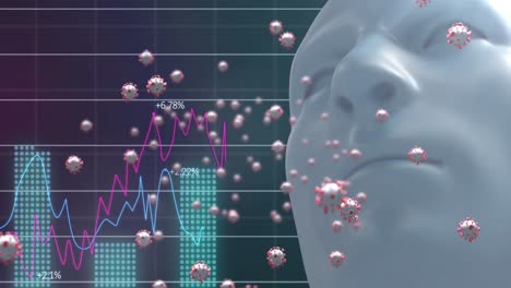 Mehrere-Covid-19-Zellen-über-Dem-Menschlichen-Kopfmodell-Vor-Statistischer-Datenverarbeitung-Auf-Blauem-Hintergrund