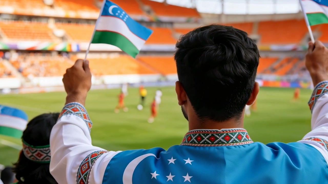 Vinkende mannlig fan iført blå vest vinker med to Usbekistan-flagg på stadion, heier på laget.
