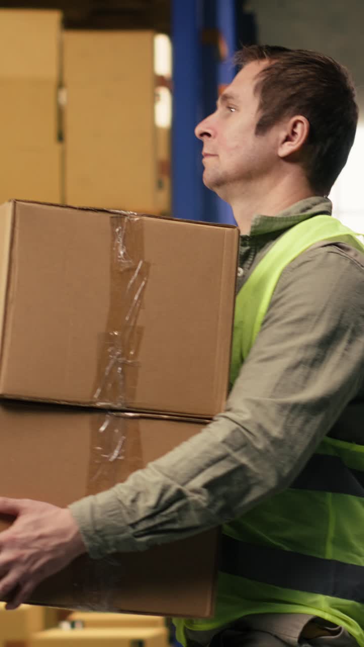 Vertical Video Man Staff Member Sorting Cardboard Packages In Logistics Warehouse