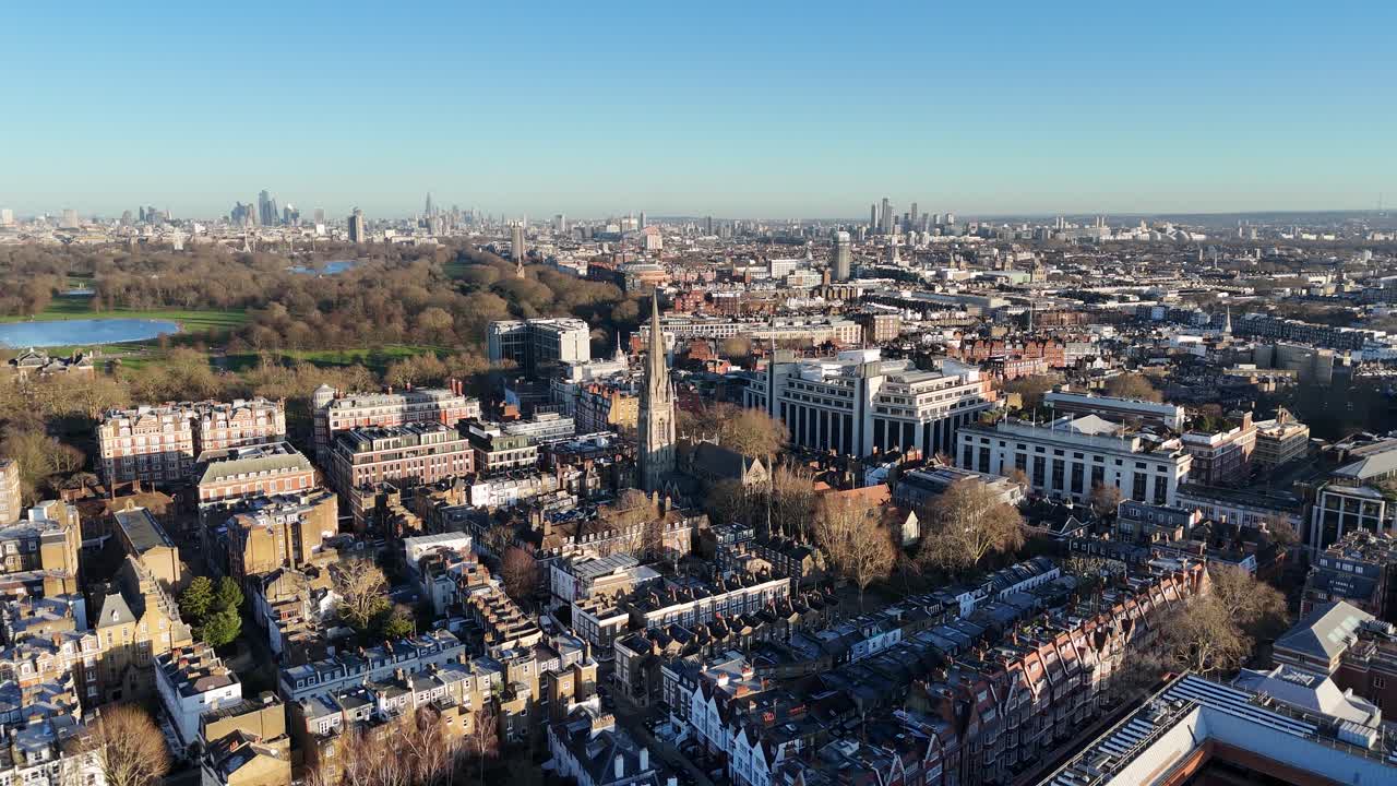 Kensington High Street, aerial London skyline on clear day