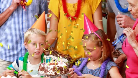 animation of confetti falling over happy family at birthday party