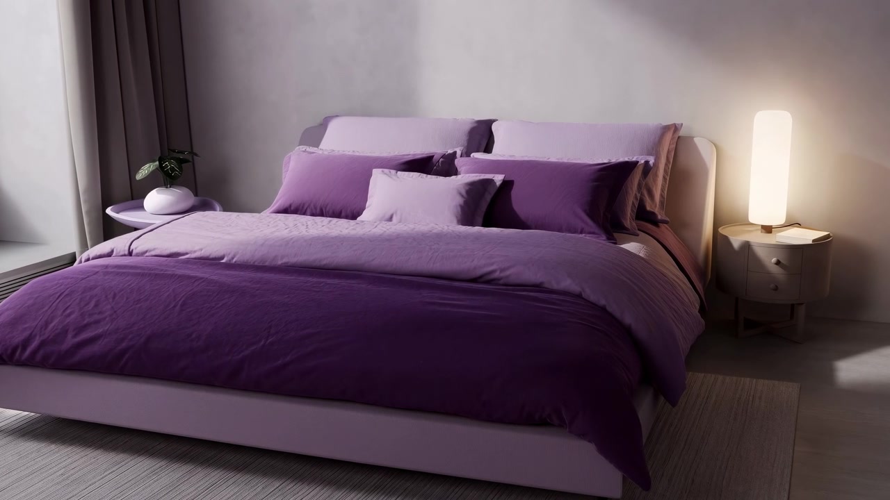 Letto viola in camera da letto moderna con illuminazione soffusa e piumone soffice, lampada da comodino minimalista, tenda velata