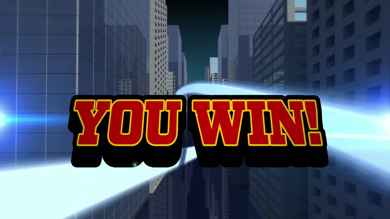 ⁇ 은 텍스트의 애니메이션 당신이 승리, 폭발과 도시 풍경 이상