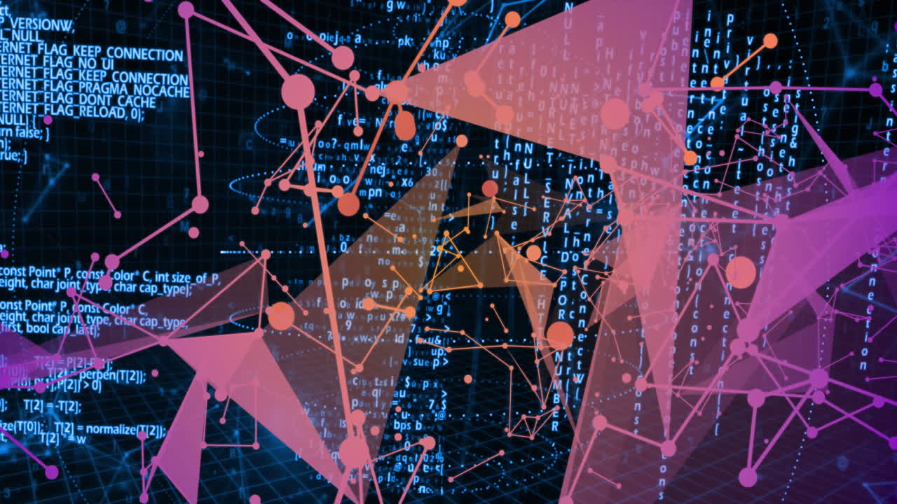 animación de puntos conectados que se mueven sobre códigos binarios y lenguaje informático