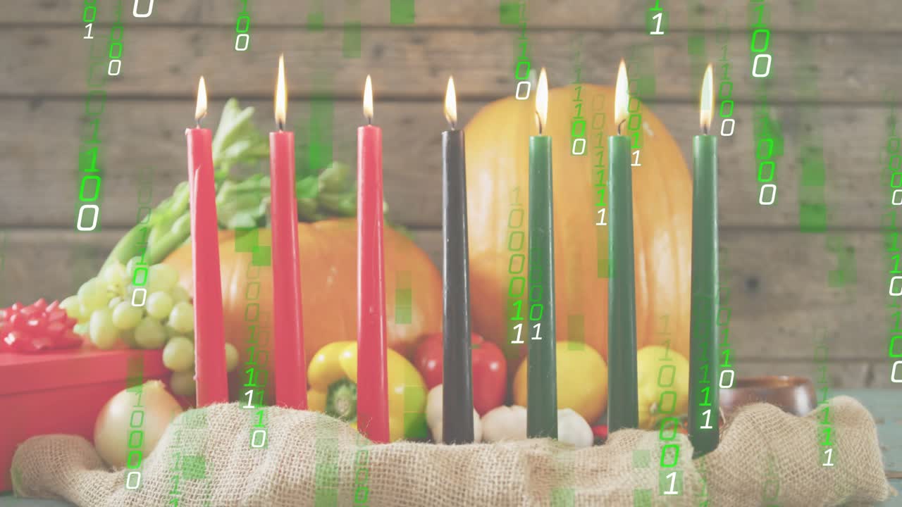 scene staying static, green binary digits drifting over Kinara candles, showing digital overlay