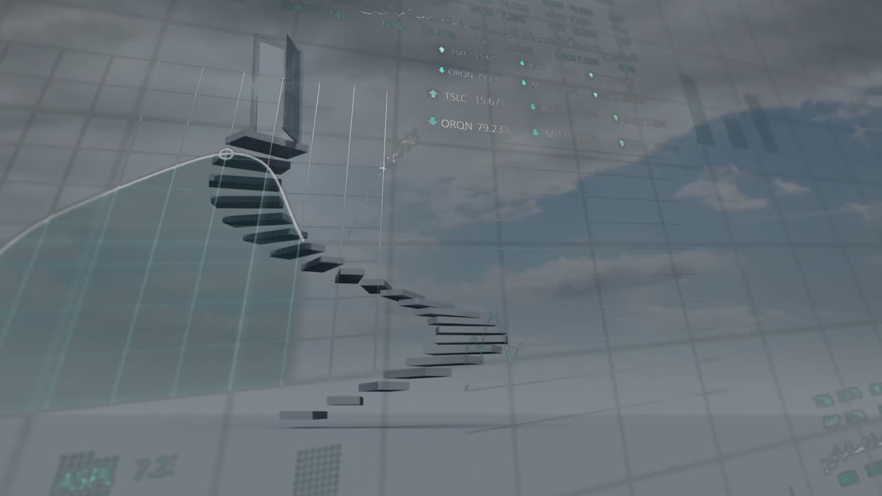 Animation of financial data processing over staircase and clouds