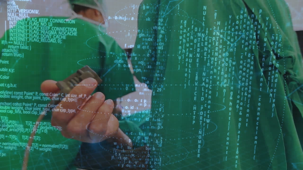 Surgeons in operating room with medical data processing animation over them