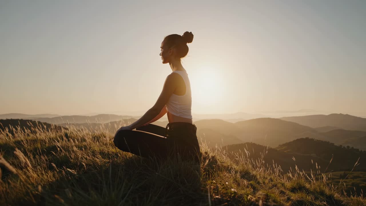 Silhouette of a woman meditating on a hill at sunset, captured from a side angle