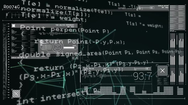 Animation of data processing and diagrams on black background