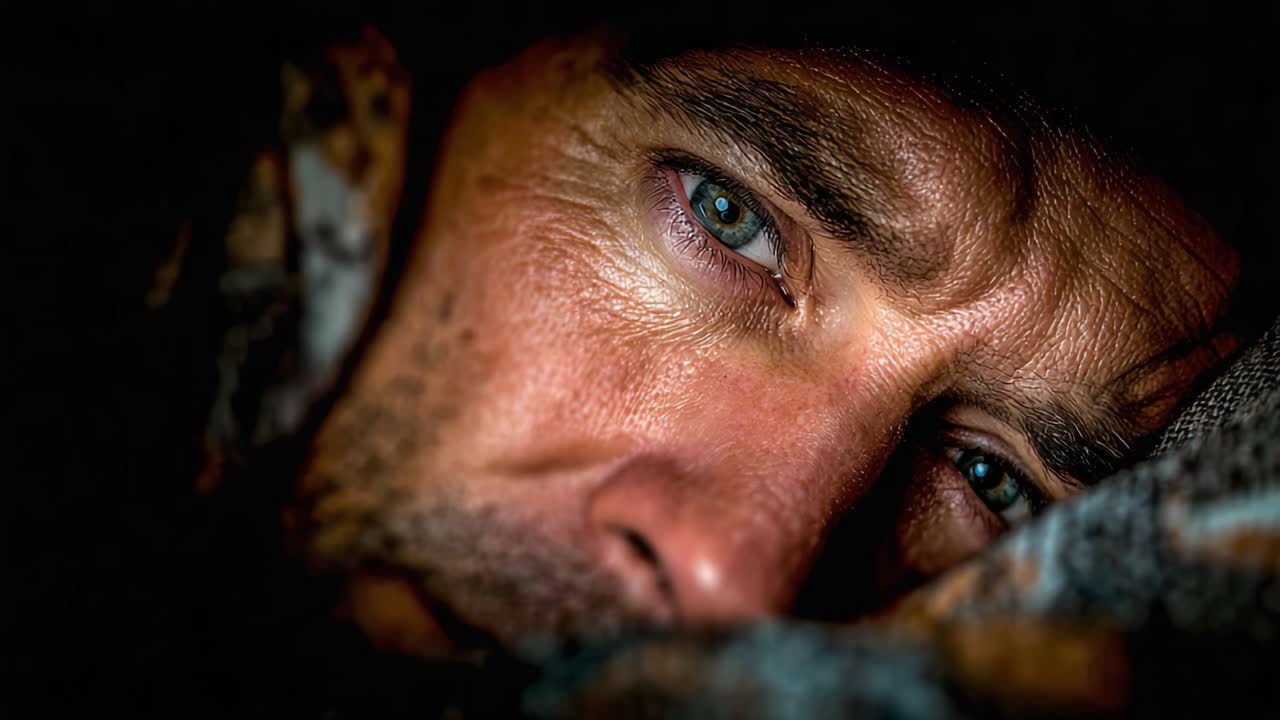 Intense Close-Up of a Man's Expressive Eyes Highlighting Emotions of Reflection and Contemplation in a Dimly Lit Environment