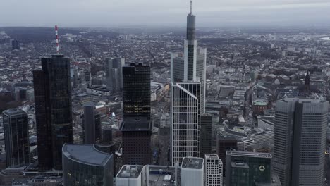 aerial shot of skyscrapers in city. tilt down on cars driving on streets between tall office towers. frankfurt am main, germany