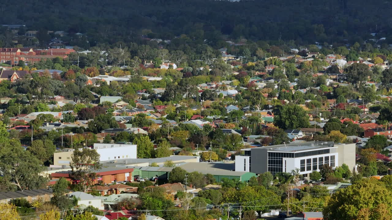 Aerial: Drone shot of buildings and houses in NSW, Wagga Wagga