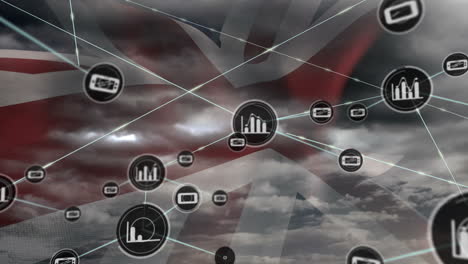 animation of network of connection and icons over uk flag and cloudy sky