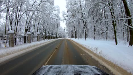 car rides on a snowy highway along the winter forest