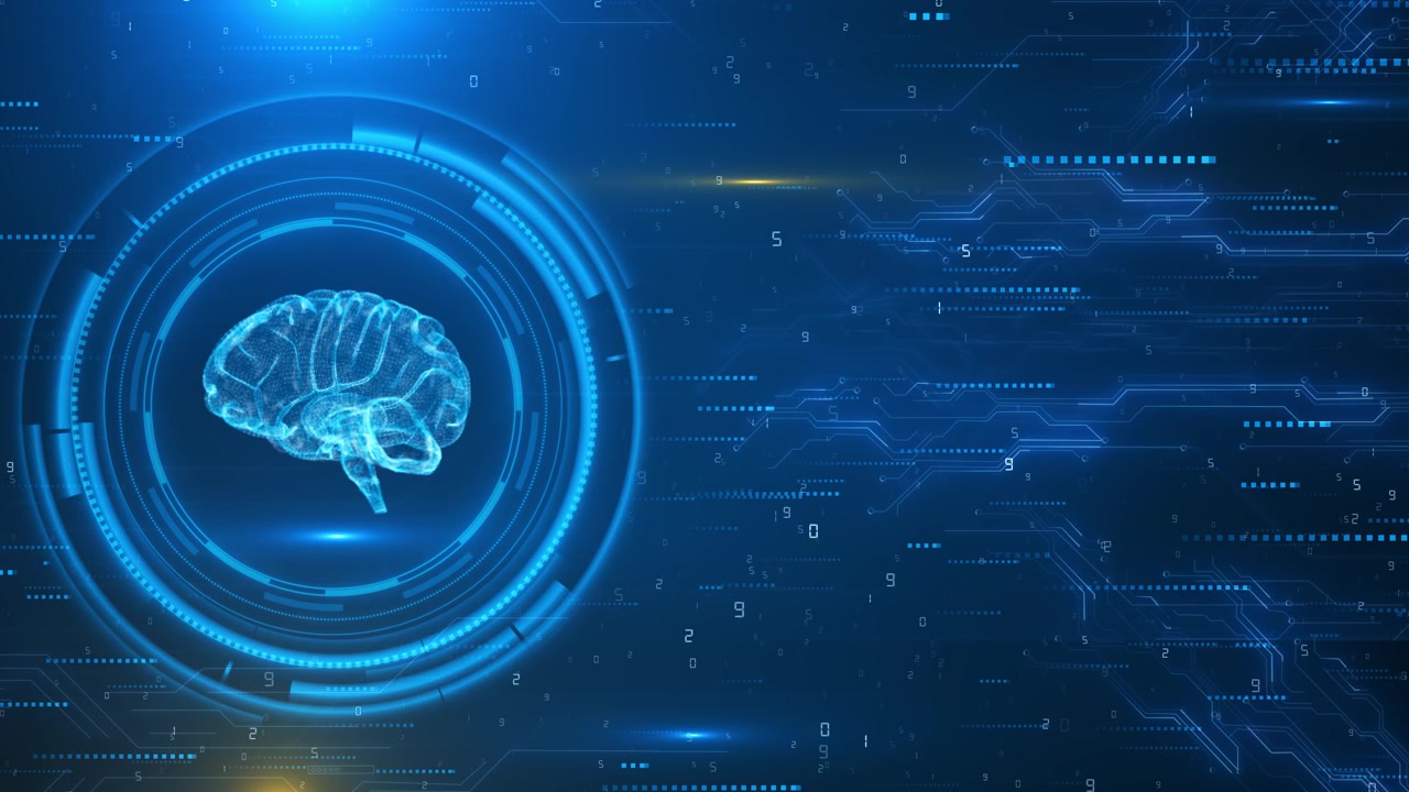 Digital brain rests circular blue hud circuit grids symbols artificial intelligence neuroscience