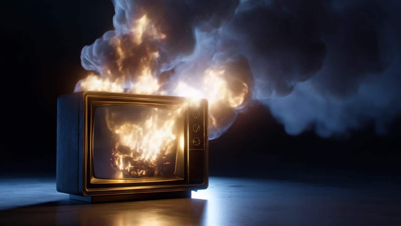 Ein Vintage-Fernsehgerät, bedeckt mit Flammen und Rauch, das eine dramatische und surreale Szene zeigt, die Gefühle von Chaos und Zerstörung in einem kreativen visuellen Format hervorruft.