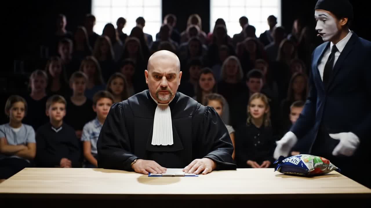 A Dramatic Courtroom Scene Featuring a Judge, a Mime Performer, and a Captivated Audience Eagerly Watching as Tension Builds in a Unique Presentation