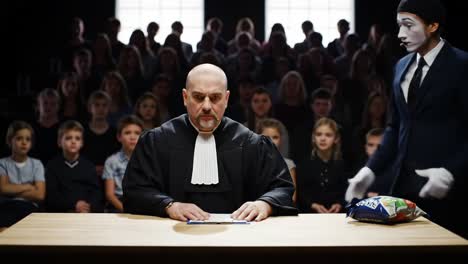 a dramatic courtroom scene featuring a judge, a mime performer, and a captivated audience eagerly watching as tension builds in a unique presentation