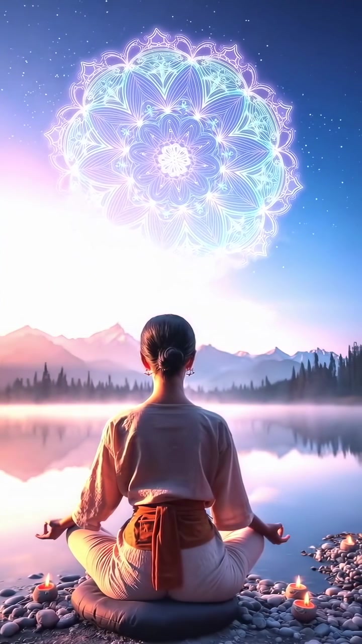 Donna che medita in riva a un lago con un mandala luminoso nel cielo