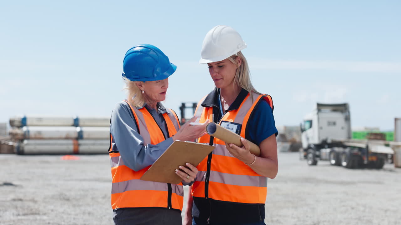 Two Female Engineers Discussing Plans at an Outdoor Industrial Site