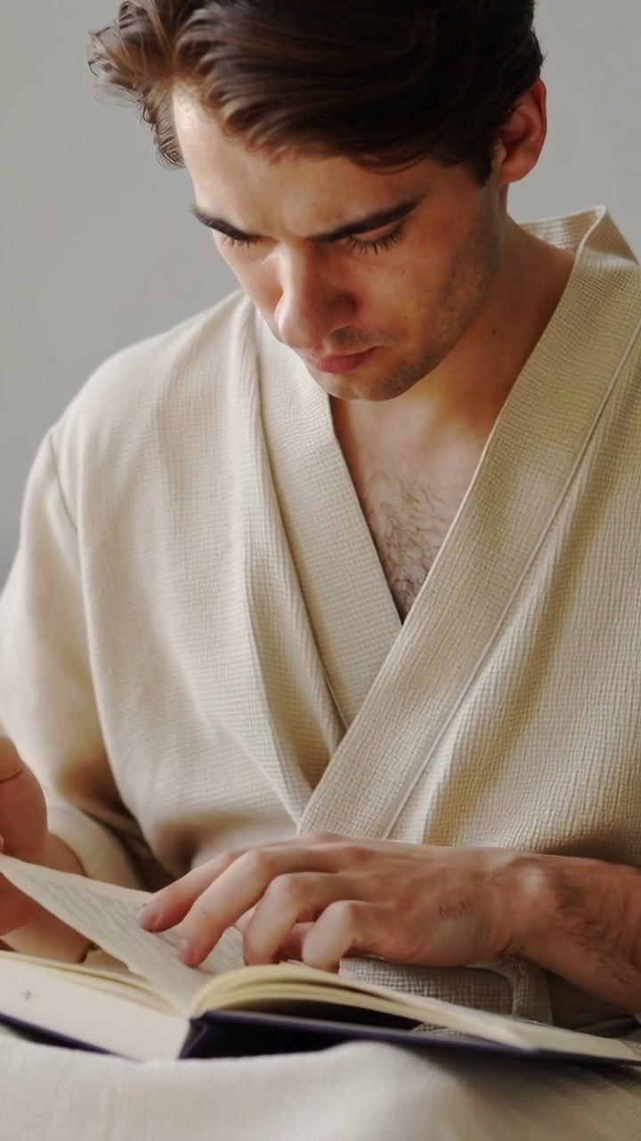Young Man in Bathrobe Writing and Turning Pages in Notebook