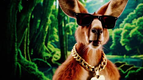 kangaroo in a jungle with sunglasses and gold chain