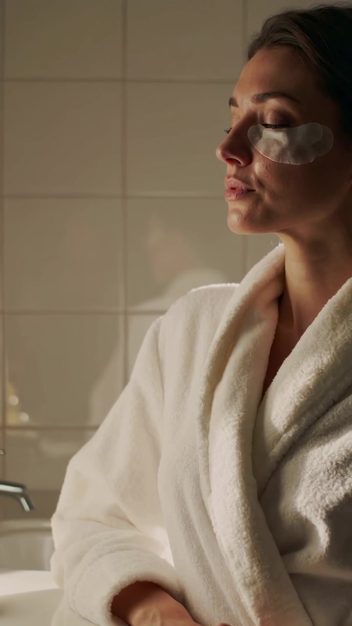 Vertical video: Taking skincare break, woman in white robe sitting by bathtub, wearing gel patches