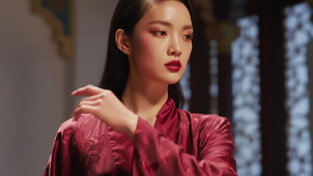 Model Showcases Elegant Fashion in a Serene Indoor Setting During a Vibrant Cultural Event