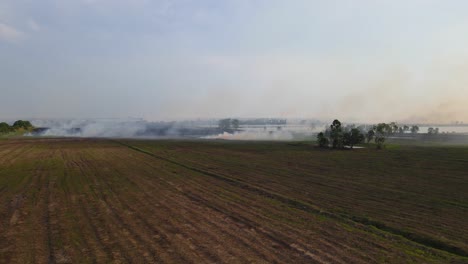 aerial descending footage of a farmland burning being prepared for planting in pak pli, nakhon nayok, thailand