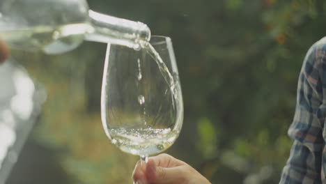 pouring white wine in a garden