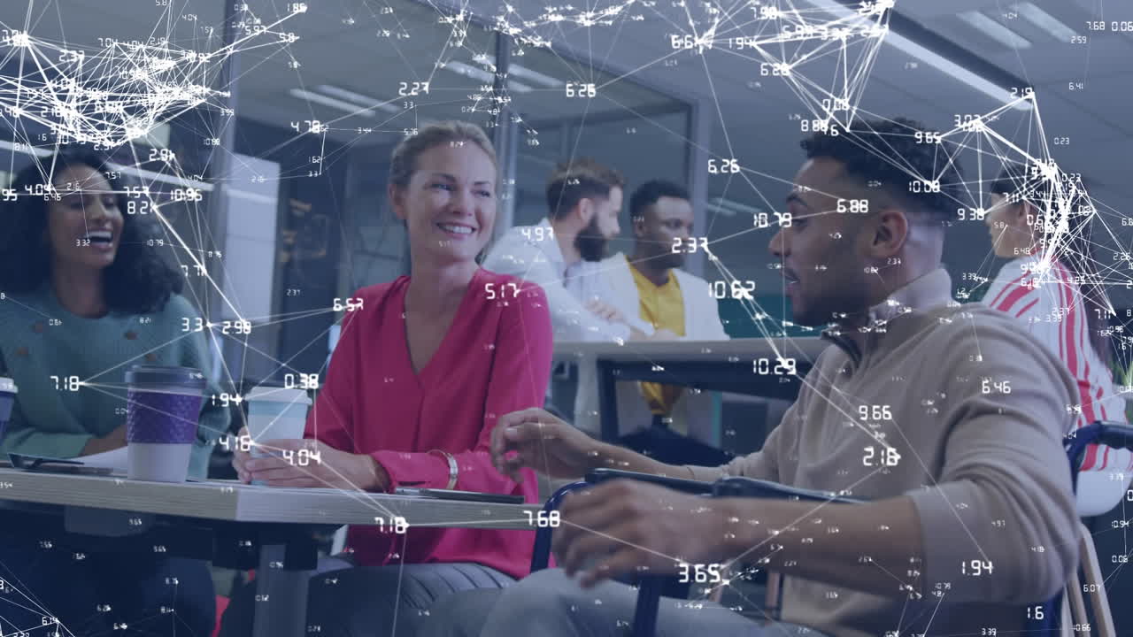 Animation of network of connections over diverse and disabled business people talking in office