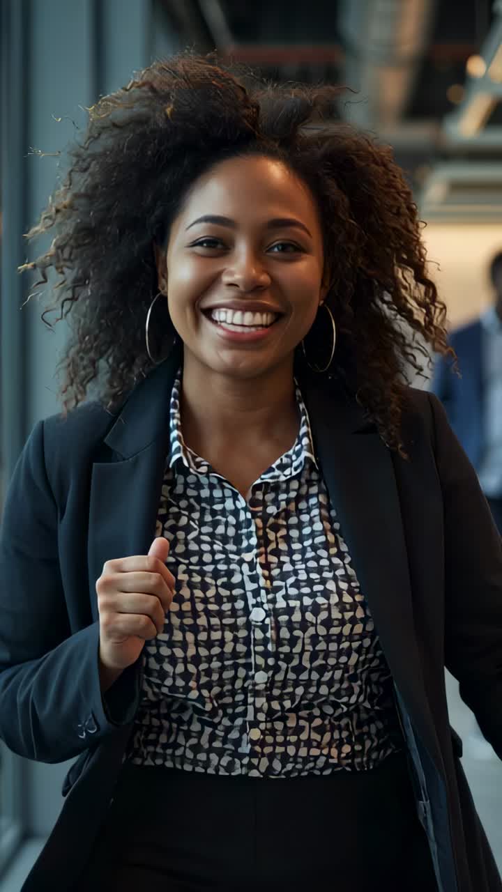 Vertical video: Walking woman in blazer smiling, approaching camera in modern hall with bag strap
