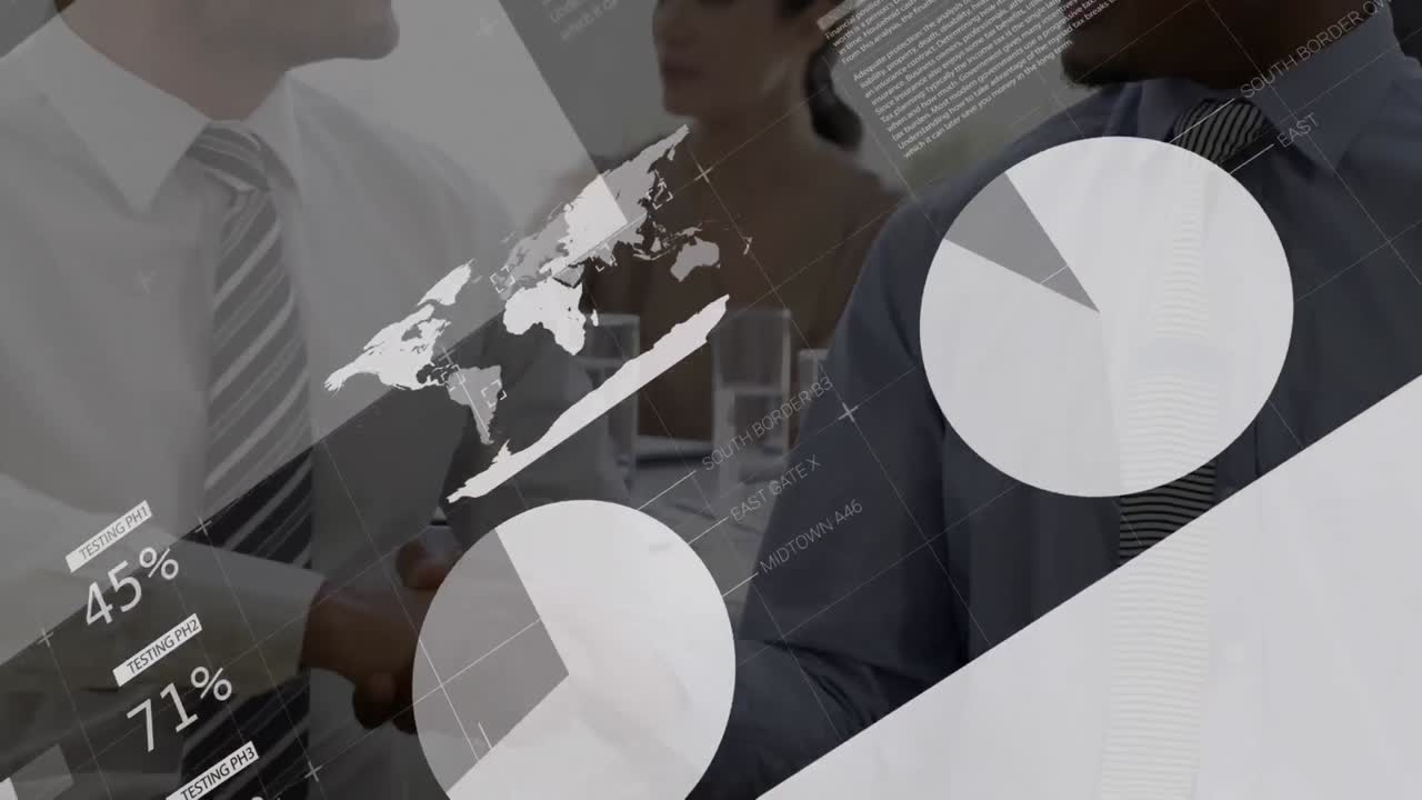 procesamiento de datos estadísticos contra dos hombres de negocios diferentes que se dan la mano en la oficina