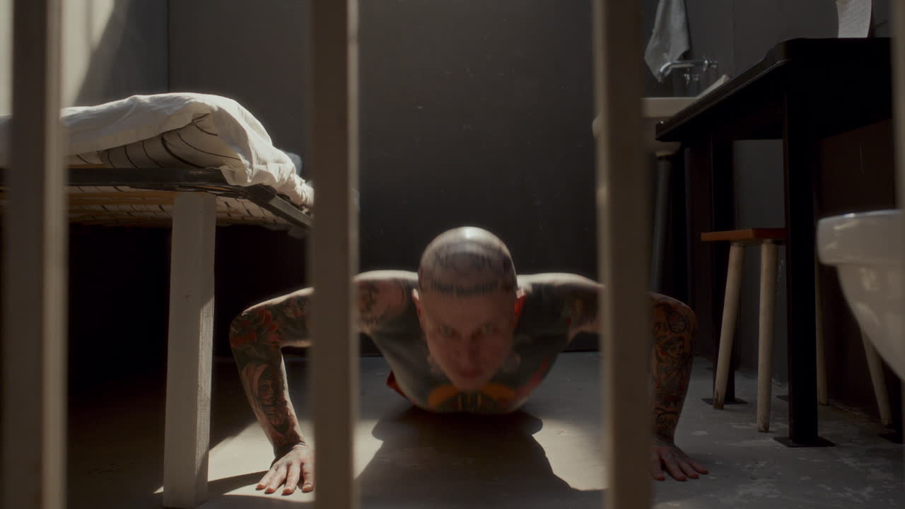 Tattooed Inmate Doing Push Ups and Looking into Camera in Prison Cell