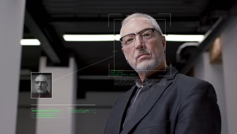 future technology using facial recognition biometrics people. person face id. handsome old man looking at camera and hi-tech detection portrait. 3d scanned cyber security protection ai concept 4k shot