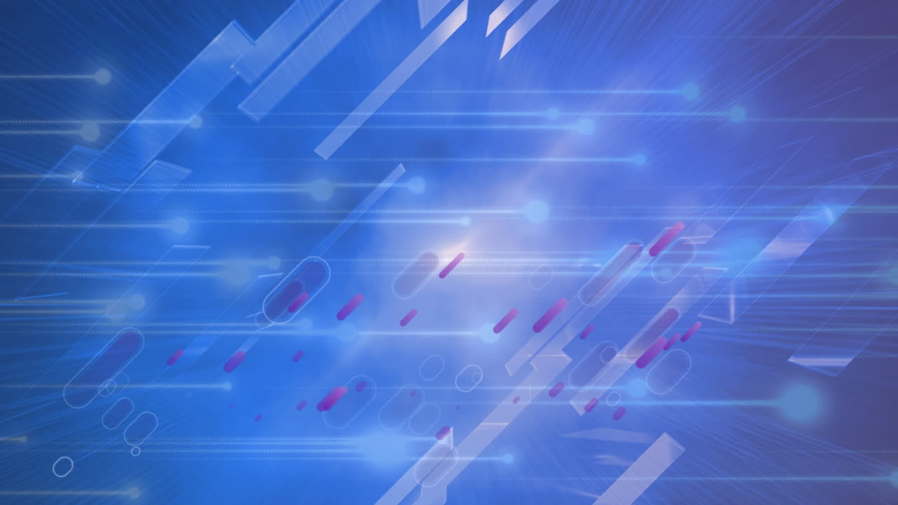 Animation of data processing over network of connections glowing blue background