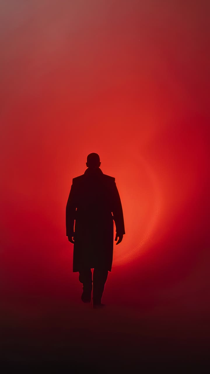 Vertical video: Walking man entering halo on studio set, stopping centered for rim in dark overcoat