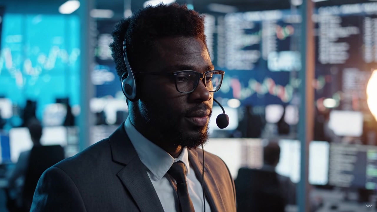 Professional Man in Business Attire Using Headset in High-Tech Trading Environment with Digital Displays and Data Visualizations in the Background