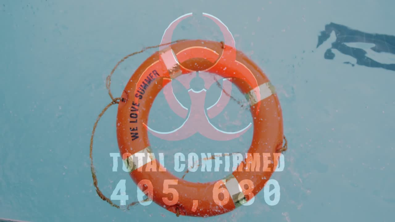 전체 확인된 수와 함께 위험 표지판의 디지털 복합 비디오가 생존 부이에 대해 떠다니고 있습니다.