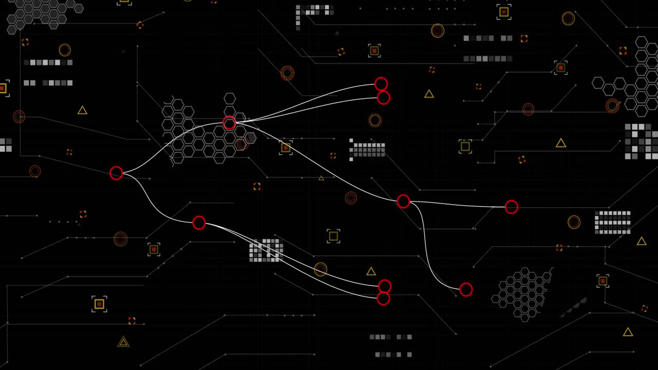Animation of graphs, data and connections on black background