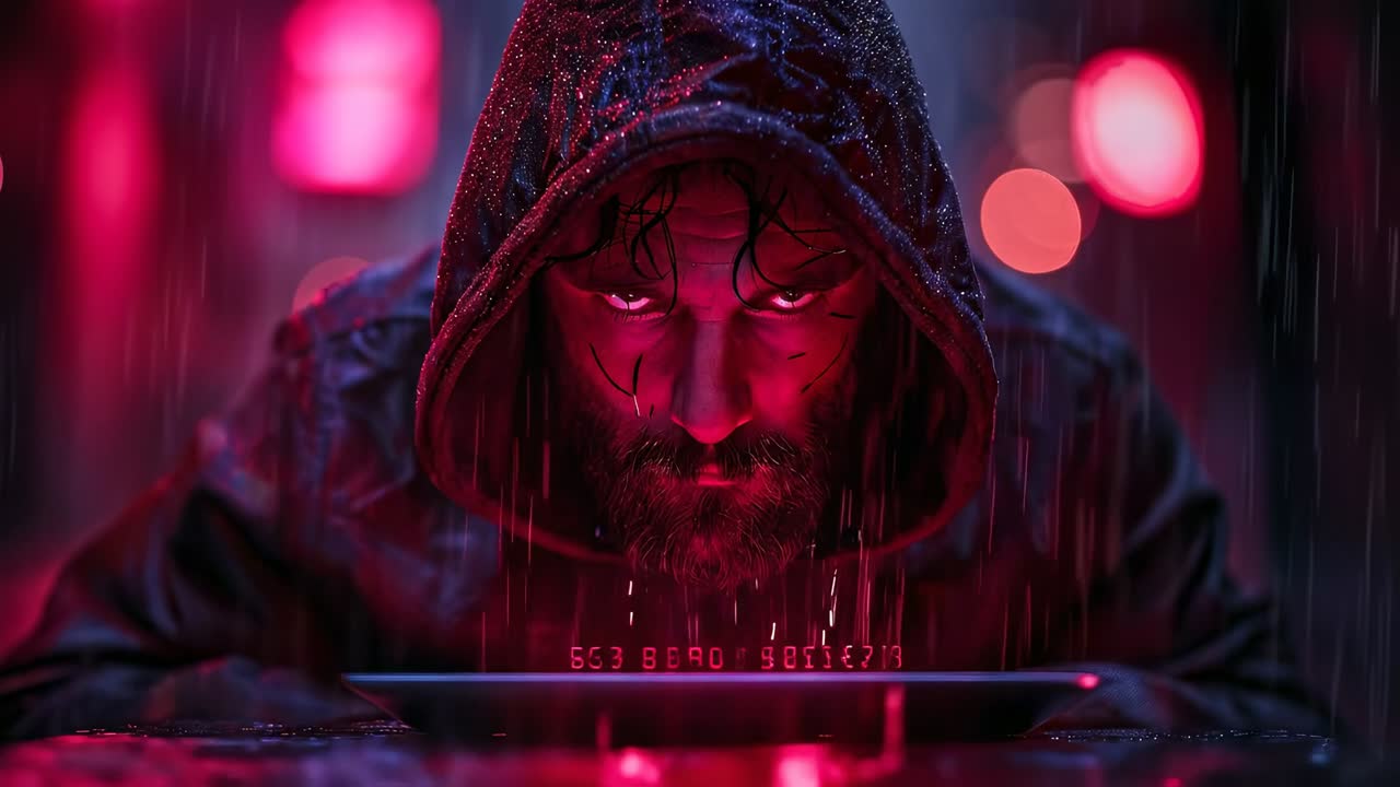 Person in dark hoodie looking at digital tablet. Close up of man in hood under rain looking down at glowing tablet screen with red digital numbers